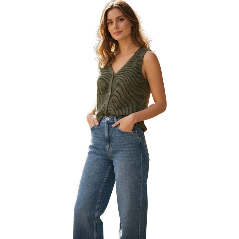 NWT -Zenana Olive Green Open Knit V-Neck Tank Top Sleeveless Vest XL